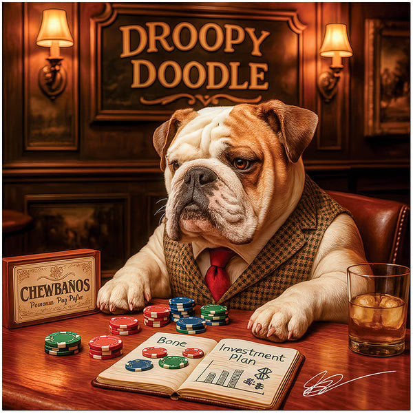 English Bulldog humorously contemplating investments at a poker table metal print