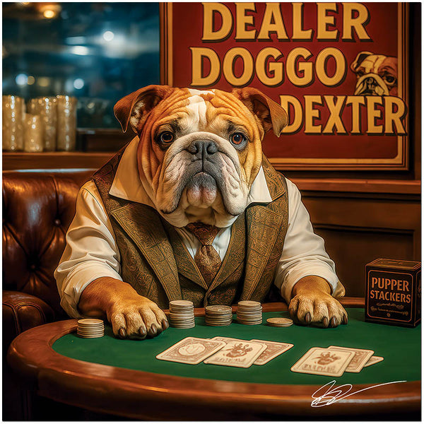 English Bulldog dealer playing poker at a vintage casino table metal print
