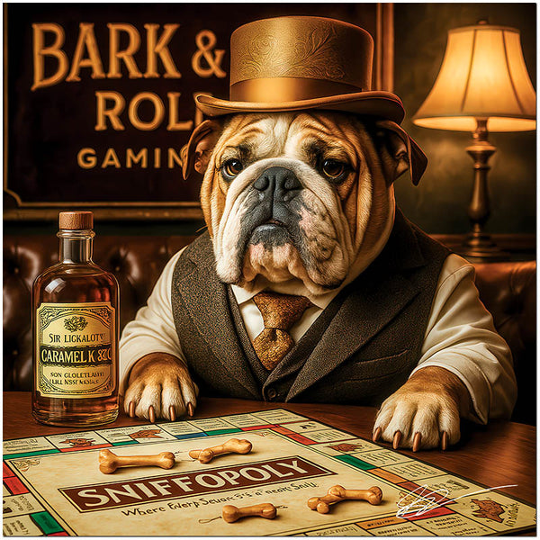 English Bulldog playing board game Sniffopoly in vintage bar setting metal print