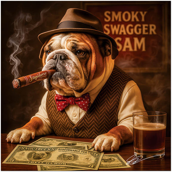 English Bulldog smoking cigar with Snoutbucks currency vintage bar scene metal print