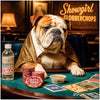 English Bulldog in gold cape at casino table with glitz treats chips humorous metal print