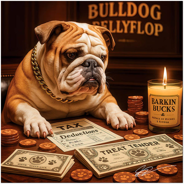 Bulldog Bellyflop humorous English Bulldog artwork with canine-themed money and poker chips