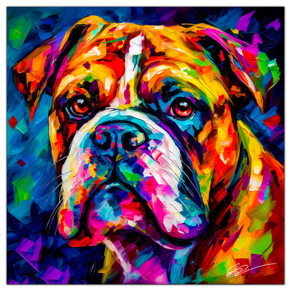 Colorful English Bulldog portrait in modern art style, perfect for home decor.