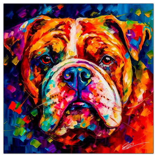 Colorful English Bulldog portrait in modern art style, perfect for home decor.