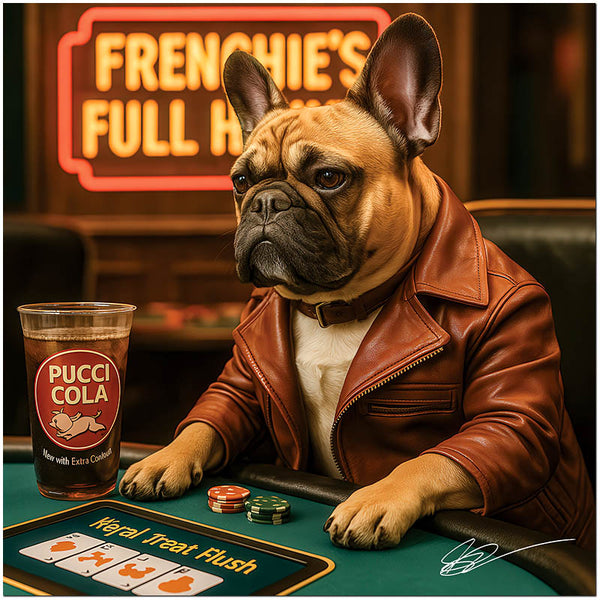 French Bulldog in leather jacket playing poker drinking Pucci Cola artwork
