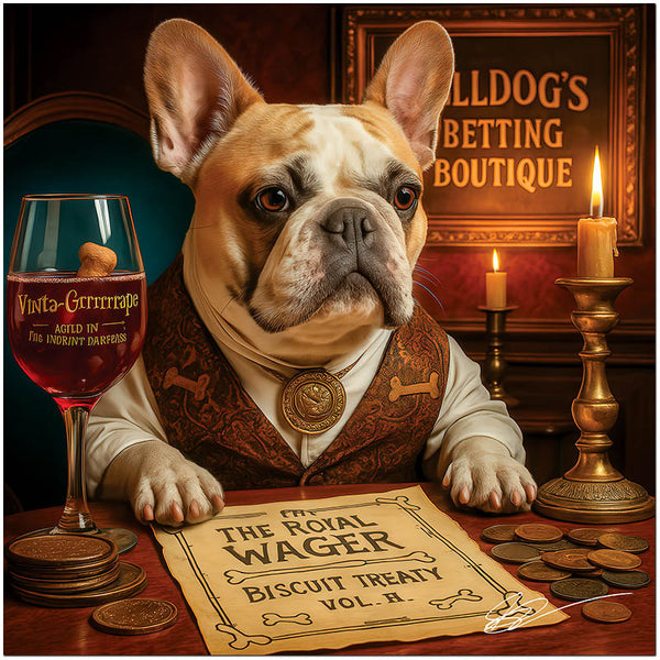 Elegant French Bulldog enjoying royal wager with vintage wine artwork