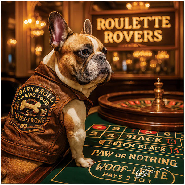 Stylish French Bulldog in casino vest playing roulette artwork