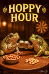 Two frogs toasting with mini beer mugs at a bar table with snacks in artwork titled Hoppy Hour II