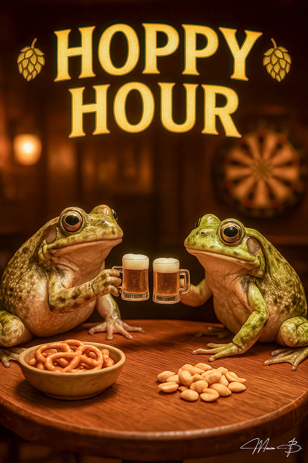 Two frogs toasting with mini beer mugs at a bar table with snacks in artwork titled Hoppy Hour II