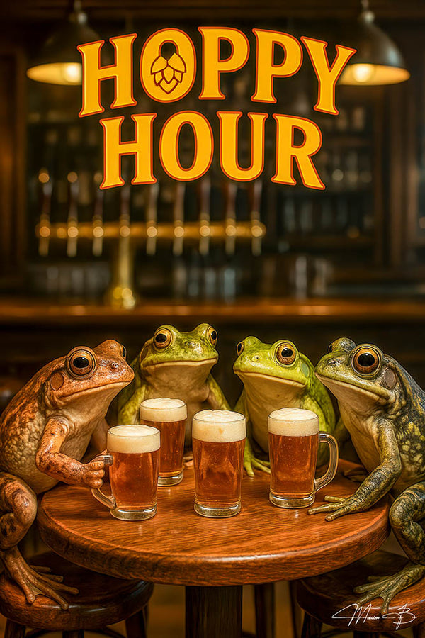 Five frogs at a bar table raising beer mugs in a humorous pub setting in artwork titled Hoppy Hour