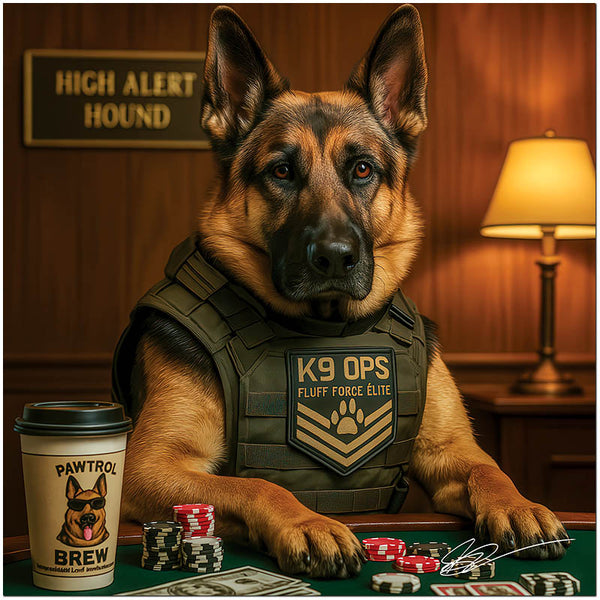 German Shepherd wearing tactical vest playing poker artwork