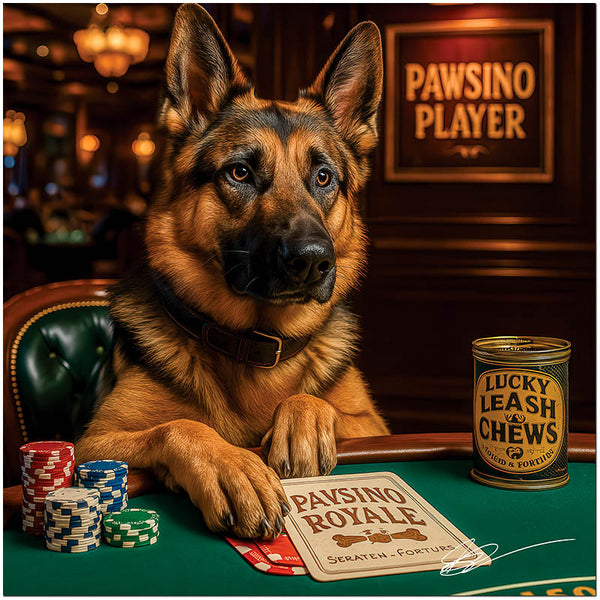 German Shepherd playing poker at casino table, Pawsino Player metal artwork
