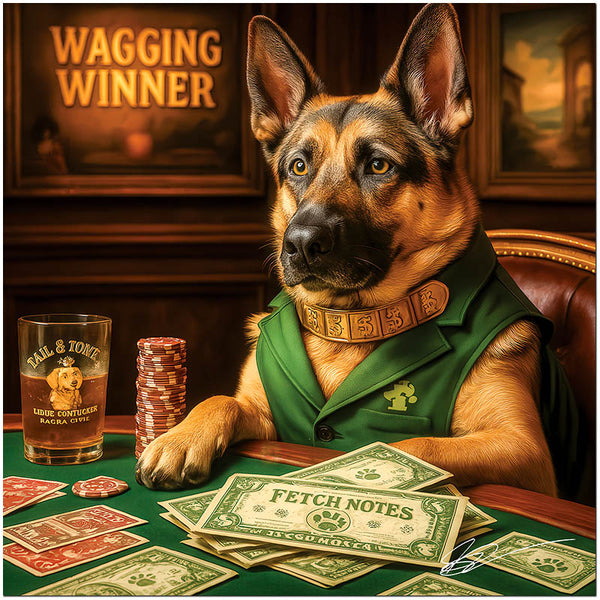 German Shepherd winning at casino poker table with Fetch Notes, Wagging Winner metal artwork