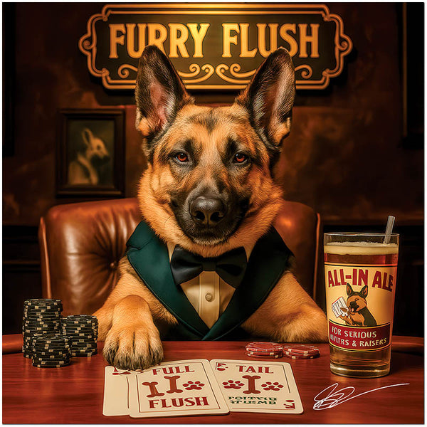 German Shepherd dog with winning poker hand at casino table artwork titled Furry Flush
