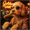Golden Doodle in sunglasses and pearls enjoying cigar in vintage casino neon setting