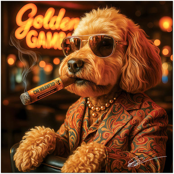 Golden Doodle in sunglasses and pearls enjoying cigar in vintage casino neon setting