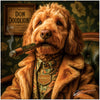 Golden Doodle wearing fur coat with cigar humorous luxury dog art