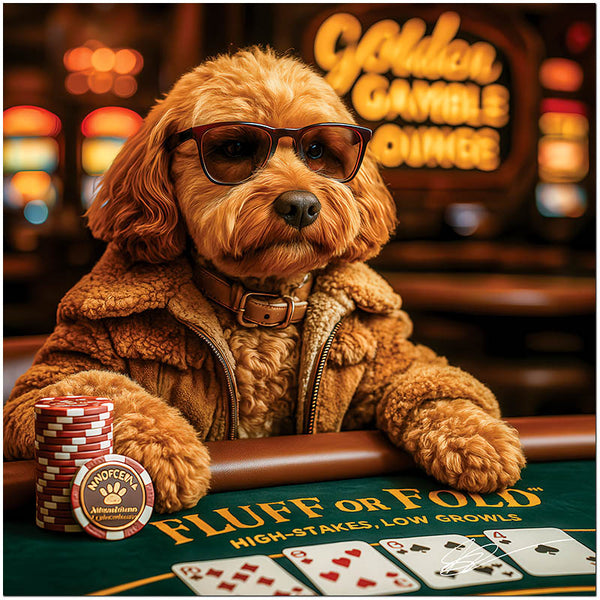 Sophisticated Golden Doodle wearing glasses playing poker at casino table dog art print