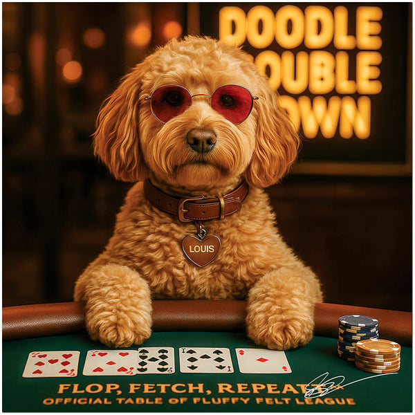 Golden Doodle wearing red sunglasses playing poker casino theme metal print