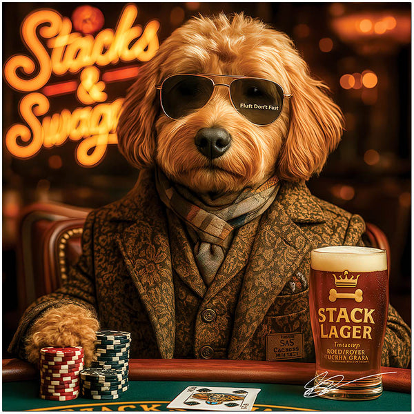 Stylish Golden Doodle dog wearing sunglasses at poker table with drink in Stacks and Swagger metal print