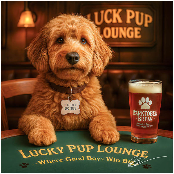Golden Doodle enjoying a pint at Lucky Pup Lounge metal print