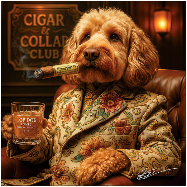 Golden Doodle enjoying cigar and drink at Cigar & Collar Club metal print