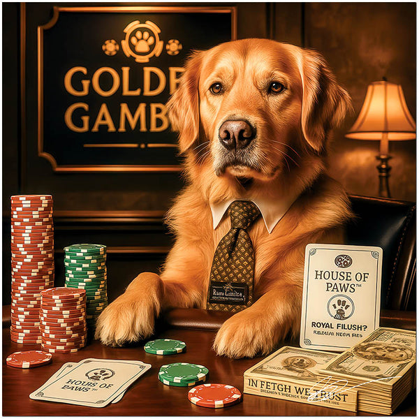 Golden Retriever playing poker at House of Paws metal print