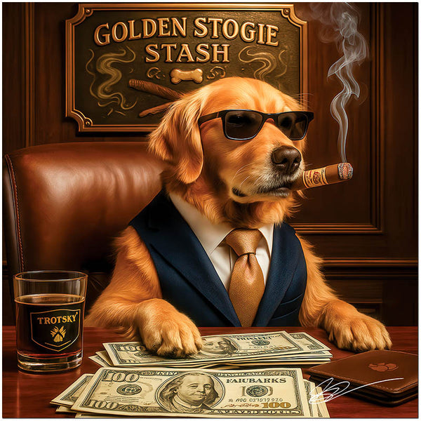 Golden Retriever with cigar and money in luxury lounge metal print