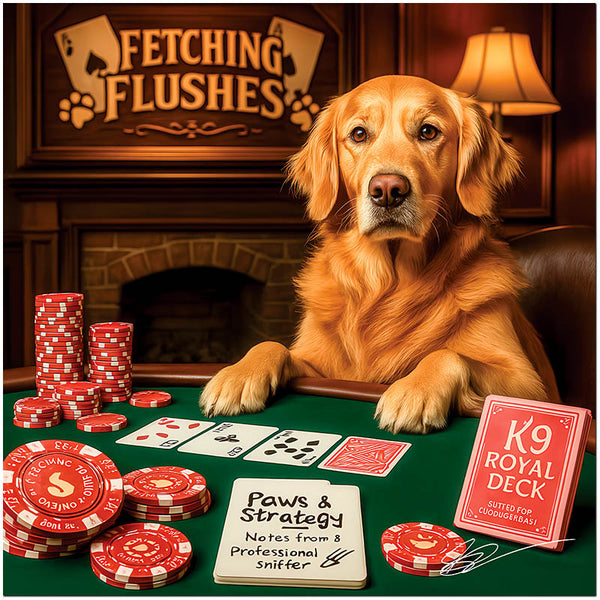 Golden Retriever playing poker at table with cards and chips metal print