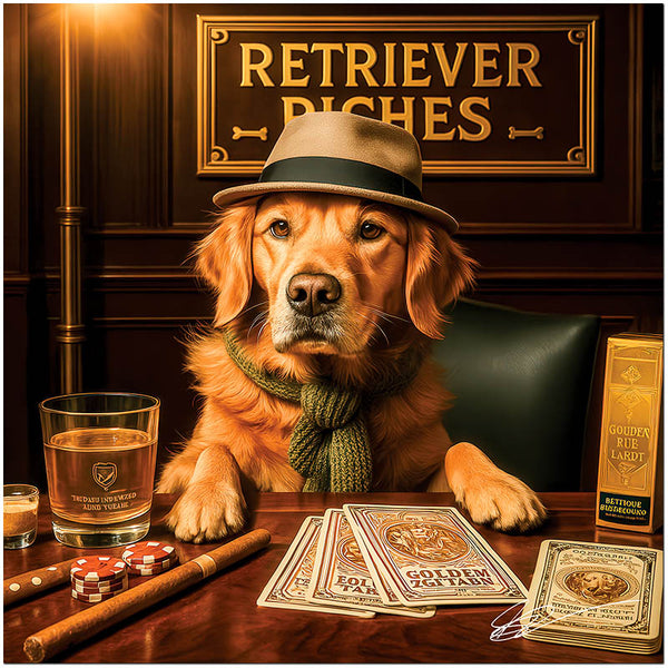 Golden Retriever in hat with cards poker chips and drink metal print