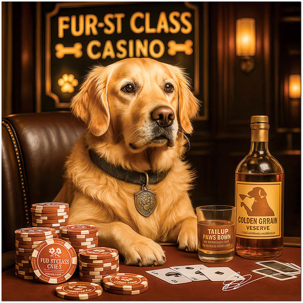 Golden Retriever in suit with poker chips, cards, and drink metal print