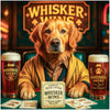 Golden Retriever at a bar, seated with a beer, poker cards, and a sign that reads "Whisker Wins" in the background.