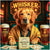 Golden Retriever at a bar, seated with a beer, poker cards, and a sign that reads "Whisker Wins" in the background.