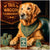 Golden Retriever wearing a champion bandana, sitting at a poker table with chips, cards, and money, with a backdrop reading "Tail Waggin' Tournaments."
