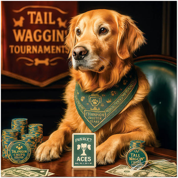 Golden Retriever wearing a champion bandana, sitting at a poker table with chips, cards, and money, with a backdrop reading "Tail Waggin' Tournaments."