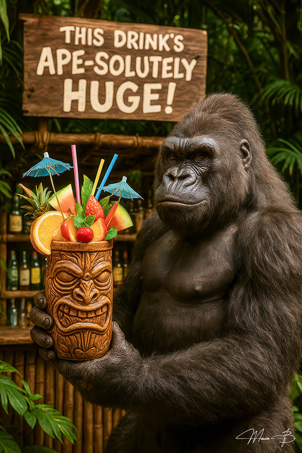 Gorilla holding large tropical tiki cocktail metal wall art print