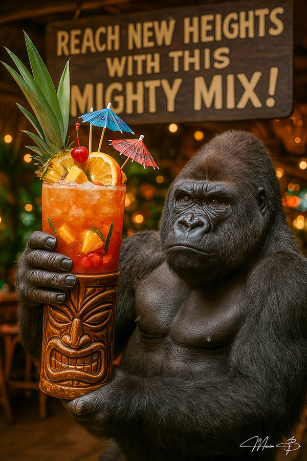 Gorilla holding large tropical cocktail tiki drink metal wall art print