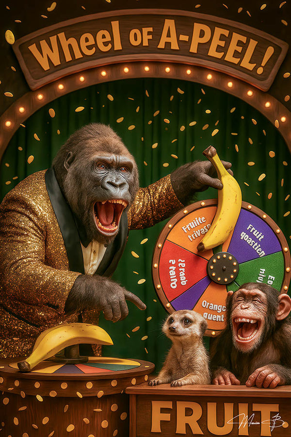 Funny metal wall art of a gorilla hosting a banana-themed game show wheel
