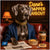 Great Dane in a blazer seated in a lounge with a cup of coffee, newspaper, and dog treats, against a neon sign reading "Dane's Dapper Dugout."