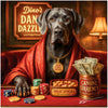 Great Dane wearing a red robe and gold "High Stakes Hound" tag, surrounded by poker chips, a tin of dog treats, and money in a luxury casino room.