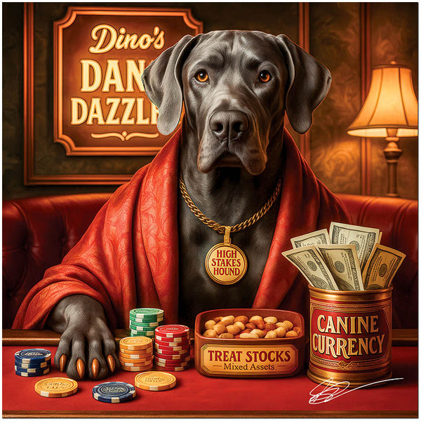 Great Dane wearing a red robe and gold "High Stakes Hound" tag, surrounded by poker chips, a tin of dog treats, and money in a luxury casino room.
