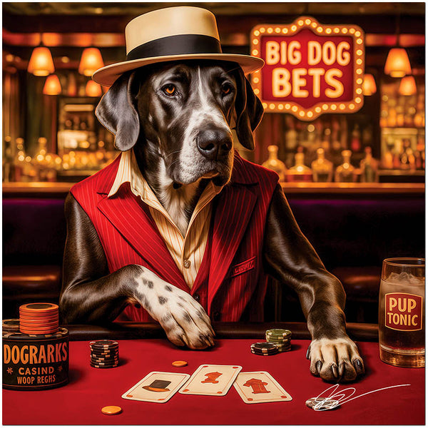 Great Dane wearing a gambler's hat and red vest, seated at a poker table with custom cards, casino chips, and a glass labeled "Pup Tonic" under warm bar lighting.