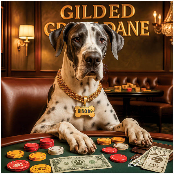 Great Dane wearing a gold KING K9 chain seated at a casino poker table with colorful chips, paw-print currency, and a "Gilded Great Dane" sign behind.