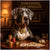 Great Dane with a “Big Deal” tag seated at a poker table with golden chips, dog-themed cards, and a glass of whiskey in an elegant, wood-paneled lounge.