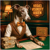 Greyhound wearing a golden bowtie seated at a casino-style table with stacks of “Fast Cash Club” bills, a sign reading “Speed Queen,” and a backdrop that says “Vegas Velocity Vixen.”