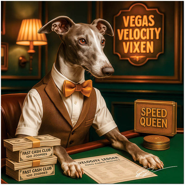 Greyhound wearing a golden bowtie seated at a casino-style table with stacks of “Fast Cash Club” bills, a sign reading “Speed Queen,” and a backdrop that says “Vegas Velocity Vixen.”