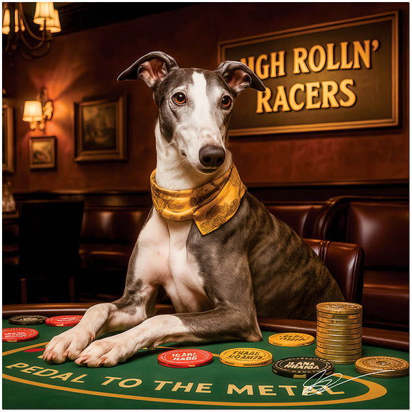 Greyhound wearing a gold scarf seated at a casino table with racing-themed chips and a “High Rollin’ Racers” sign in the background.