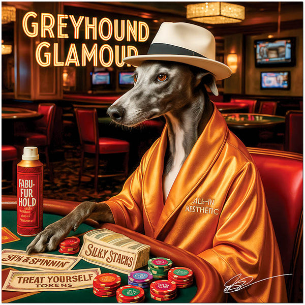 Greyhound wearing a satin robe and fedora, seated at a poker table with styled chips, treat stacks, and a can of dog hair spray under a neon sign that reads “Greyhound Glamour.”