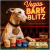 Greyhound at a poker table wearing a Blitz Mode tag with stacks of colorful chips, barkroll cash, and a drink labeled Juicy Jackpot under a neon Vegas Bark Blitz sign.