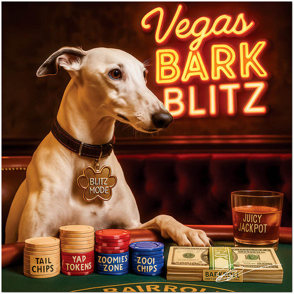 Greyhound at a poker table wearing a Blitz Mode tag with stacks of colorful chips, barkroll cash, and a drink labeled Juicy Jackpot under a neon Vegas Bark Blitz sign.